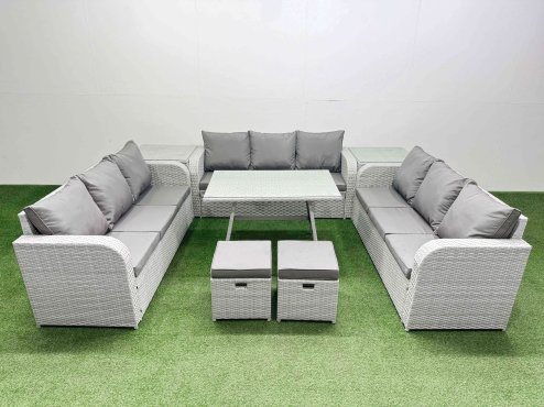 Fimous 11 Seat Outdoor PE Rattan Garden Furniture with Cushions 3 Seater Sofa 2 Side Tables 2 Small Stools Light Grey