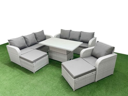 Fimous 9 Seater Poly Rattan Outdoor Garden Furniture Adjustable Lifting Dining or Coffee Table Sofa Set Patio 3 Seater Sofa Reclining Chair 3 Seater Sofa 2 Big Footstools Light Grey