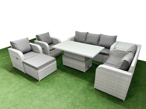 Fimous PE Rattan Garden Furniture Set Reclining Chair Sofa Double Love Seat 2 Seater Sofa Lounge Set Adjustable Lifting Dining or Coffee Table Big Footstool Side Table Light Grey