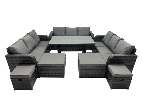 Fimous 13 Seater Garden Outdoor Rattan Furniture Set Rattan Sofa Oblong Dining Table with 4 Footstools Dark Grey