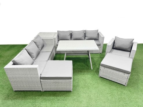 Fimous Outdoor Rattan Garden Furniture Dining Set 9-seater Patio Rectangular Table 3 Seater Sofa Armchair Set with Side Table 2 Big Stools