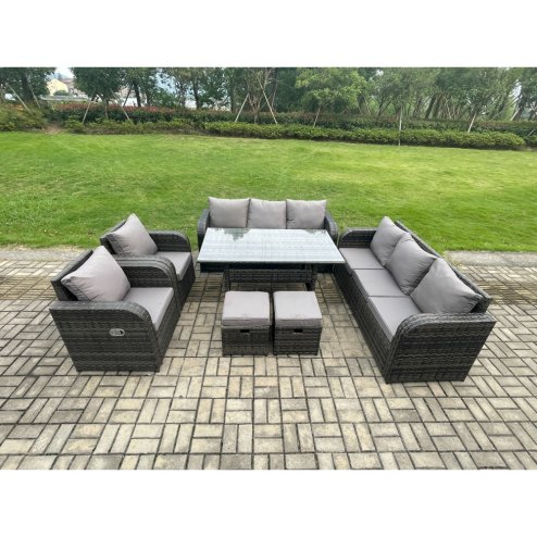 Fimous 10 Seater Lounge Rattan Sofa Set Outdoor Garden Furniture Oblong Rectangular Dining Table With Adjustable Chair 3 Seater Sofa 2 Small FootstoolsDark Grey Mixed