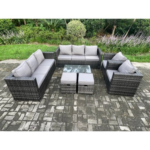 Fimous Wicker PE Rattan Sofa Set Outdoor Patio Garden Furniture with 2 Armchairs Oblong Coffee Table 2 Small Footstools Dark Grey Mixed