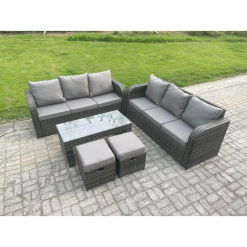 Fimous 8 Seater Patio Garden Furniture Sets Wicker Outdoor Rattan Furniture Sofa Sets with Rectangular Coffee Table 2 Small Footstools