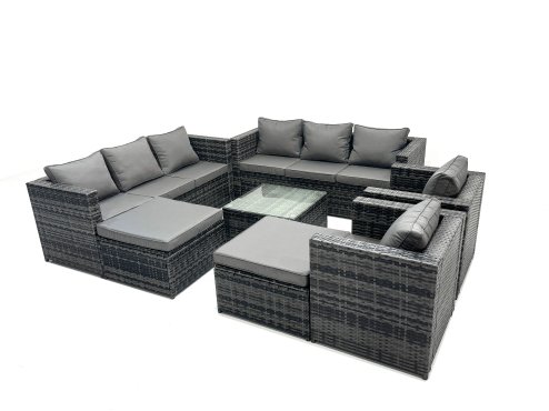 Fimous Outdoor Rattan Garden Furniture Set 10 Seater Patio Lounge Sofa Set with Armchair Square Coffee Table 2 Big Footstool Dark Grey Mixed
