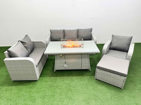 Fimous Patio PE Wicker 7 Seater Outdoor Rattan Furniture Sofa Sets with Firepit Dining Table Reclining Chair Loveseat Sofa 3 Seater Sofa Big Footstool Light Grey