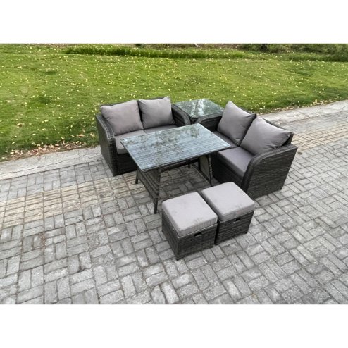 Fimous Outdoor Garden Furniture Sets 6 Pieces Wicker Rattan Furniture Sofa Sets with Rectangular Dining Table Love Sofa 2 Small Footstool Side Table