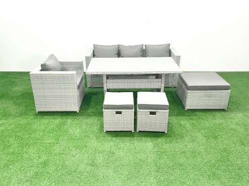 Fimous Garden Dining Set Outdoor Rattan Furniture Set with Sofa Dining Table 3 Footstools Light Grey Mixed