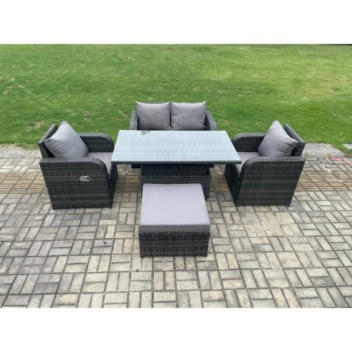 Fimous PE Rattan Outdoor Garden Furniture Set Height Adjustable Rising lifting Dining Table With Love Sofa Chair Big Footstool