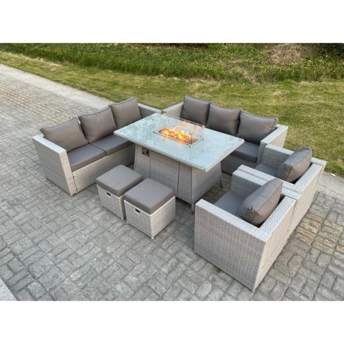 Fimous Light Grey Rattan FirePit Dining Set Garden Furniture Set Gas Heater Burner Lounge Sofa Dining Set Chairs Stools