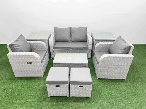 Fimous Light Grey PE Wicker Rattan Garden Furniture Set Sofa Set Reclining Adjustable Chair Rectangular Coffee Table 6 Seater 2 Small Stools 2 Side Table