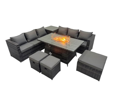 Fimous 9 Seater Garden Outdoor Rattan Furniture Set Patio Corner Sofa Gas Firepit Dining Table with Side Table 3 Stools Dark Grey
