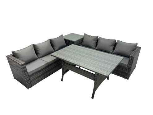 Fimous 6 Seater Outdoor Corner Sofa Dining Table Set Garden Rattan Furniture Set with Side Table Dark Grey