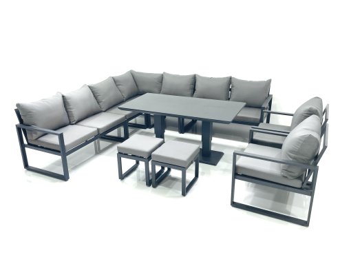 Fimous 11 Seater Outdoor Aluminum Garden Furniture Set Corner Sofa 2 Chair 2 Small Footstool Adjustable Rising Lifting Dining Table Sets Dark Grey