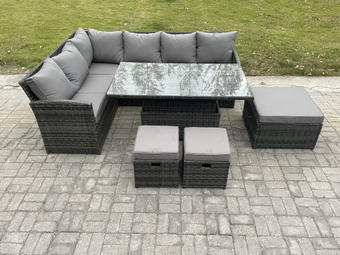 Fimous Wicker PE Outdoor Rattan Garden Furniture Set Height Adjustable Rising Lifting Table Sofa Dining Set with 3 Footstools Dark Grey Mixed
