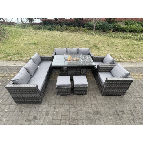 Fimous 10 Seater Outdoor PE Rattan Garden Furniture Gas Fire Pit Dining Table Set Lounge Sofa 2 PC Armchairs With 2 Stools Dark Grey Mixed Patio