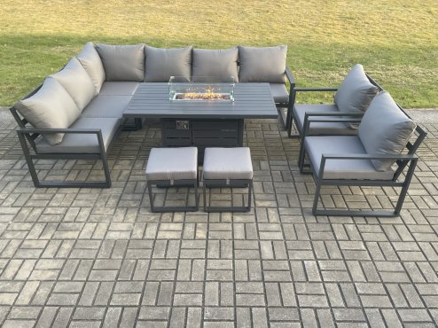 Fimous Aluminium Patio Outdoor Garden Furniture Corner Sofa Set Gas Fire Pit Dining Table with 2 Chairs 2 Small Footstools Dark Grey