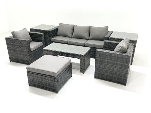 Fimous Rattan Garden Furniture Set Outdoor Lounger Sofa with Coffee Table 2 Armchair Big Footstool 2 Side Tables Dark Grey Mixed