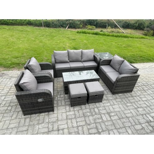 Fimous Outdoor Rattan Garden Furniture Set Rattan Lounge Sofa Set with Rectangular Coffee Table Side Table 2 Small Footstools Dark Grey Mixed