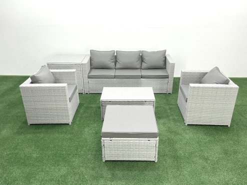 Fimous Rattan Garden Furniture Set with 3 Seater Sofa 2 Chair Rectangular Coffee Table Big Footstool Side Table Light Grey Mixed 6 Seater