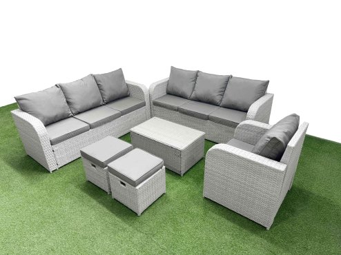 Fimous 9 Seater Poly Rattan Outdoor Garden Furniture Sofa Set Patio 3 Seater Sofa Reclining Chair 3 Seater Sofa Stools Light Grey