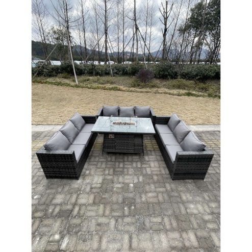 Fimous 9 Seater?U Shape Outdoor Lounge Rattan Sofa Set Garden Furniture Gas Firepit Set Dining Table Dark Grey Mixed
