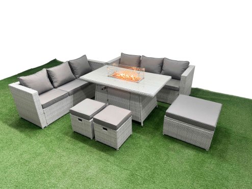 Fimous 9 Seat PE Rattan Lounge Sofa Set Outdoor Garden Furniture Set with Firepit Dining Table 3 Seater Sofa 3 Stools Light Grey