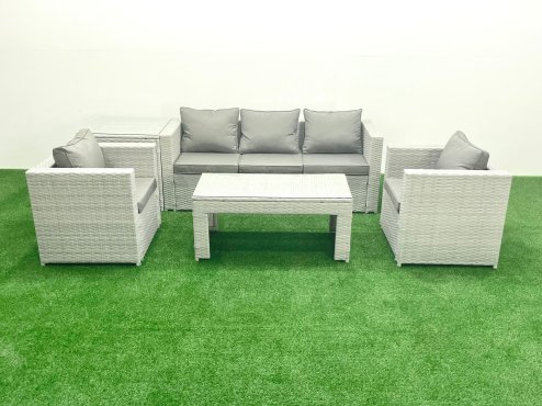 Fimous Rattan Garden Furniture Set 5 Pieces Outdoor Garden Sofa Oblong Coffee Table Set with 2 Chairs Side Tabe Light Grey Mixed