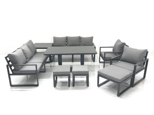 Fimous Garden Sofa Set Aluminium Furniture Rising Dining Tabe Set with 2 Chair 3 Footstools Side Table Dark Grey