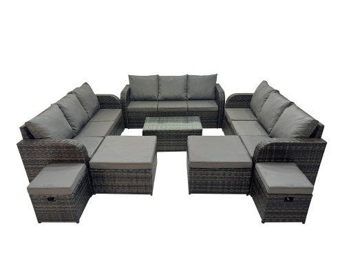 Fimous Outdoor 3 Seater Sofa Coffee Table Set Garden Rattan Furniture Set 13 Seater with 4 Stools Dark Grey