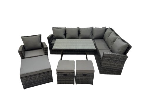Fimous 10 Seater Garden Outdoor Rattan Furniture Set Rattan Corner Sofa Oblong Dining Table with Armchair 3 Footstools Dark Grey Mixed