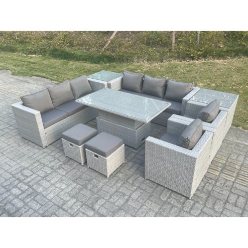 Fimous Rattan Garden Funiture Set Adjustable Rising Lifting Table Sofa Dining Set Lounge Chair 2 Side Table Stool