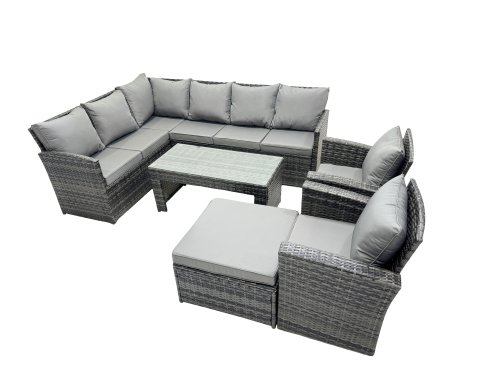 Fimous 9 Seat Poly Rattan Outdoor Patio Oblong Coffee Table Corner Sofa Set with Big Stool 2 Chairs for Garden Backyard Dark Grey Mixed