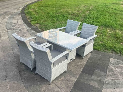 Fimous Light Grey Rattan Outdoor Garden furniture Set Height Adjustable Rising Lifting Table and 4 Chairs Set with Seat Cushion