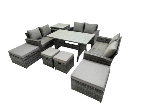 Fimous 10 Seater Wicker PE Rattan Furniture Outdoor Dining Table Double Seat Sofa Side Table 4 Stools Set Dark Grey Mixed