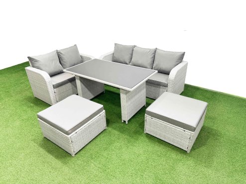 Fimous Garden Furniture Set PE Ratten Garden Sofa Set with Rectangular Dining Table 2 Big Stool Light Grey