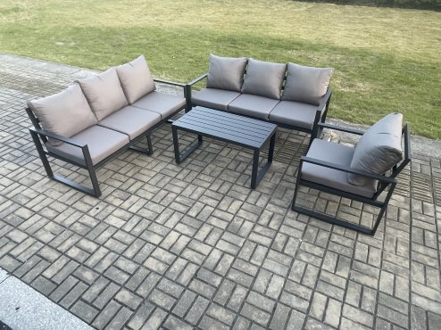 Fimous Aluminium 7 Seater Garden Furniture Outdoor Patio Sofa Set with Rectangular Coffee Table Armchair Dark Grey