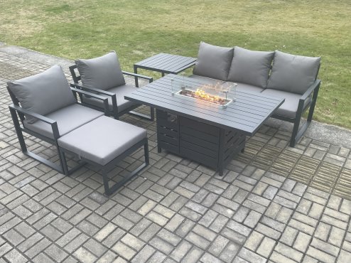 Fimous Aluminium Outdoor Garden Furniture Set Gas Fire Pit Dining Table Set Gas Heater Burner with 2 Arm Chair Side Table Big Footstool Dark Grey 6 Seater