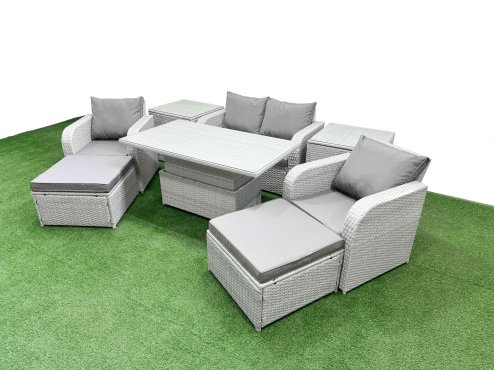 Fimous Light Grey PE Wicker Rattan Garden Furniture Set Sofa Set Reclining Chair Adjustable Lifting Dining or Coffee Table 6 Seater 2 Big Stools 2 Side Table