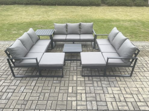 Fimous Aluminium Outdoor Garden Furniture Set Patio Lounge Sofa with Square Coffee Table Side Table 2 Big Footstools Conservatory Set Dark Grey