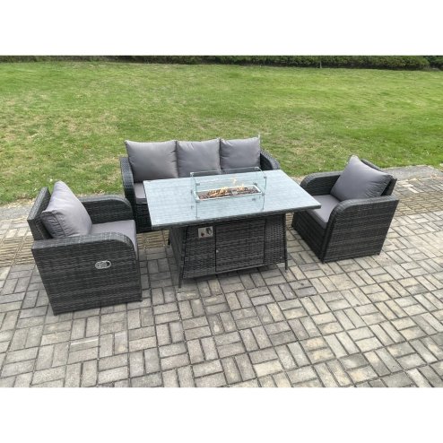 Fimous Garden Patio Furniture Wicker Rattan Gas Fire Pit Table and Chair set with 3 Seater Sofa Dark Grey Mixed