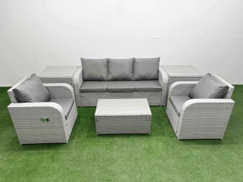Fimous PE Rattan Garden Furniture Set Reclining Chair Sofa Lounge Sofa Set Oblong Coffee Table 2 Side Table Light Grey