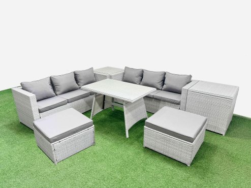 Fimous Rattan Garden Furniture Dining Set 8-seater Patio Rectangular Table 3 Seater Sofa Set with 2 Side Tables 2 Big Stools Light Grey