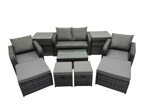 Fimous Outdoor Love Sofa Reclining Chair Coffee Table Set Garden Rattan Furniture Set 8 Seater with 4 Stools 2 Side Tables Dark Grey