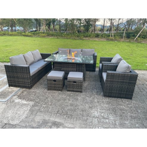 Fimous Outdoor Rattan Garden Furniture Gas Fire Pit Dining Table Sets Gas Heater Lounge Chairs Small Footstools Dark Mixed Grey 10 Seater