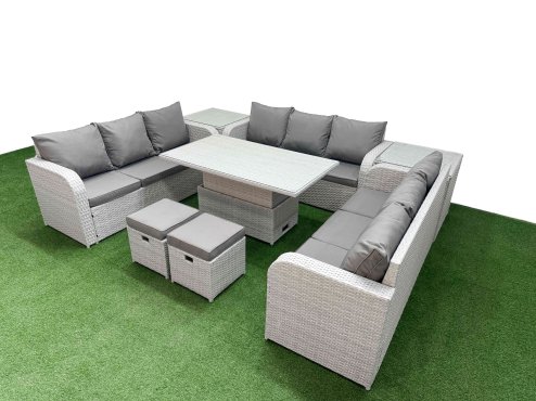 Fimous PE Rattan Lounge Sofa Set 11 Seater Outdoor Garden Furniture Set with Adjustable Lifting Dining or Coffee Table 3 Seater Sofa 2 Stools 2 Side Table Light Grey