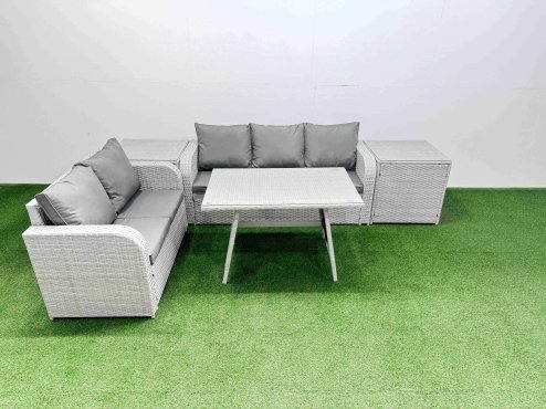 Fimous Outdoor PE Rattan Garden Furniture Set Rectangular Dining Table Sofa Set with 2 Side Tables Light Grey