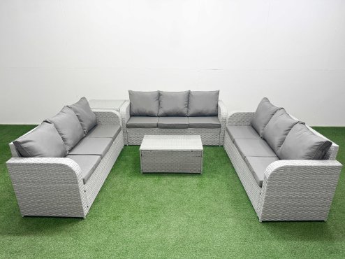 Fimous PE Rattan Lounge Sofa Set 9 Seater Outdoor Garden Furniture Set with Rectangular Coffee Table 3 Seater Sofa Side Table Light Grey