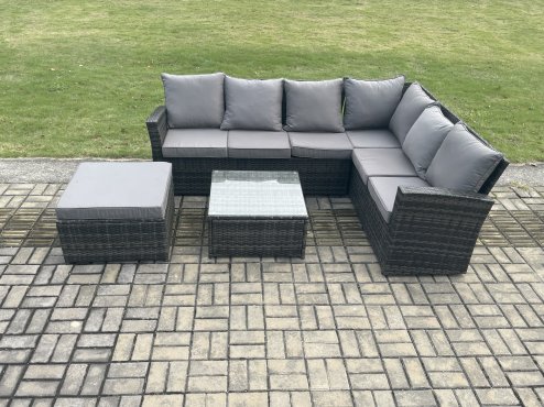Fimous Rattan Garden Furniture Set Outdoor Lounge Corner Sofa Set With Square Coffee Table Big Footstool 7 Seater Dark Grey Mixed