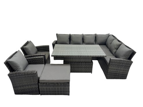 Fimous 9 Seat Rattan Garden Furniture Corner Sofa Set Outdoor Adjustable Lifting Dining or Coffee Table Set with Big Footstool Dark Grey Mixed
